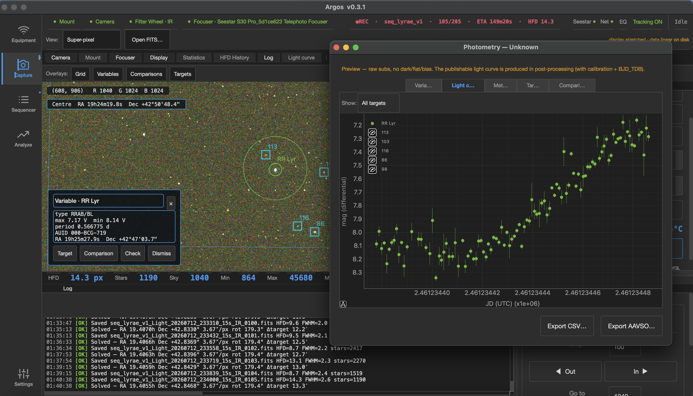 Argos capturing RR Lyrae: a live view with the variable and its comparison stars marked, next to a differential light-curve panel filling in over 205 subs.