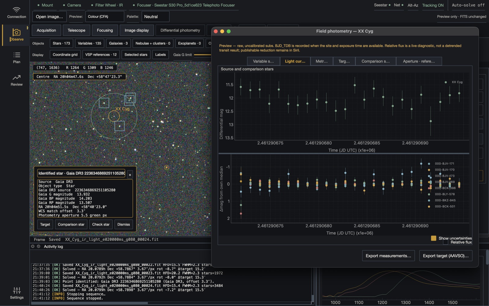 ARGOS on a solved field of XX Cyg, with the differential-photometry window showing the light curve and the comparison-star panel